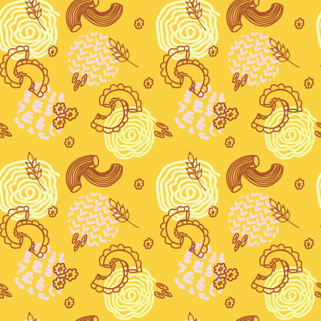 Different kinds of pasta on a bright seamless background. Pasta. Italy. Doodle style vector. Suitable for packaging and textiles.のイラスト素材