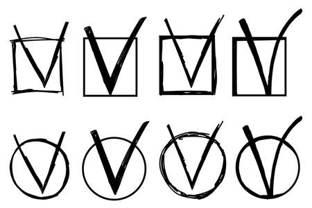 A set of checks. Hand-drawn doodle-style sketch. Voting, yes, no, drawn concept. Check with a box, circular element. Vector illustration.のイラスト素材