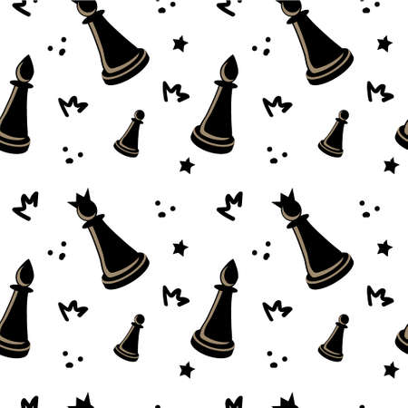 Seamless pattern of cartoon chess pieces on white background. Hand-drawn elements. Queen, rook and pawn. Doodle style vector.のイラスト素材
