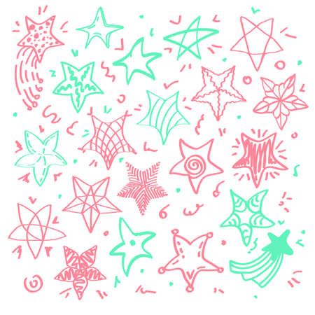 A set of colorful cute stars. Objects of different shapes, sizes, and patterns. Hand-drawn elements. Doodle style vector.のイラスト素材