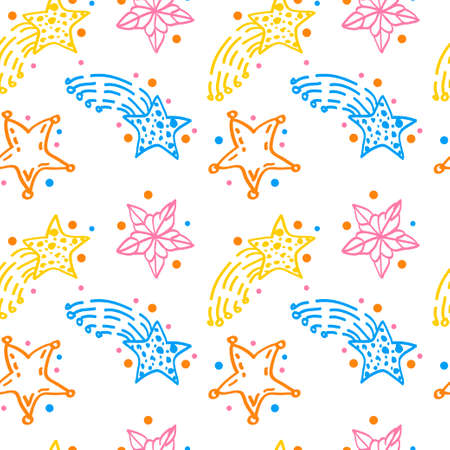 Modern geometric star pattern on white background. Doodle style vector. Multicolored stars with circles. Vector star pattern backgroundのイラスト素材