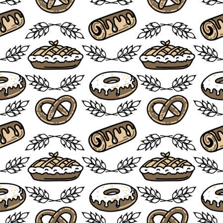 Seamless sweet baking pattern. Hand-drawn donut, bagel, and pie. Chocolate desserts. Vector in cartoon style. Bakery products.のイラスト素材
