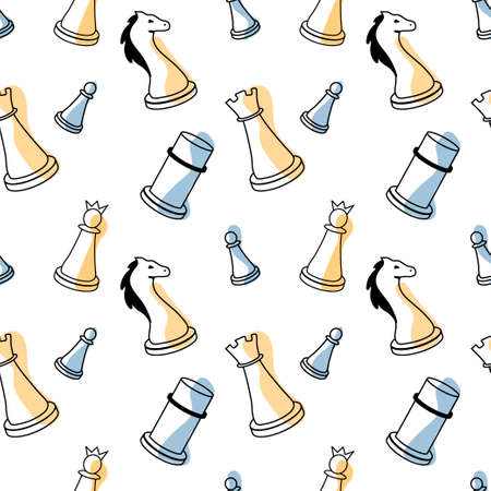 Seamless background of hand drawn icons of chess pieces and algebraic chess notation, pawn, knight, rook, bishop, king, queen, Icons of chess on a white isolated background. Vector illustration.のイラスト素材
