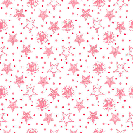Seamless holiday pattern on white background. Cute stars and circles. Stars with different patterns. Doodle style vector.のイラスト素材