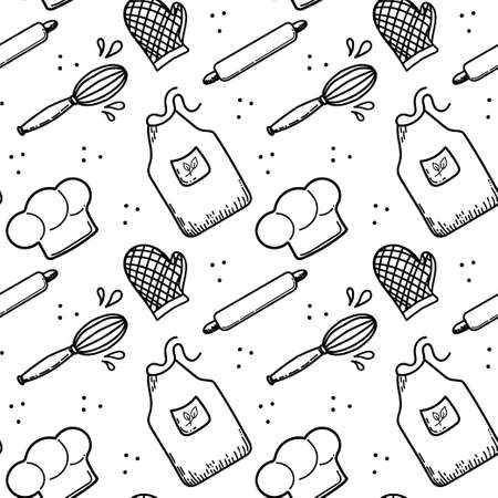 A seamless pattern of kitchen utensils. Hand-drawn vector. Cook's cap, apron and mittens. Dough tools. Doodle sketch style vector.のイラスト素材