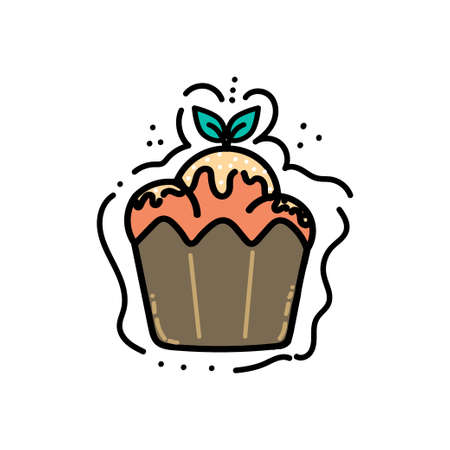Hand-painted cupcake. Dessert. Cream, sweets.   Chocolate muffin. Bakery products. Doodle style vector.のイラスト素材