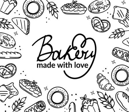 Set of vector bakery elements and handwritten lettering. Hand drawn typography design with bread, pastry, pie, buns, sweets, cupcake. Modern ink brush calligraphy and linear graphic. Baked with love.のイラスト素材
