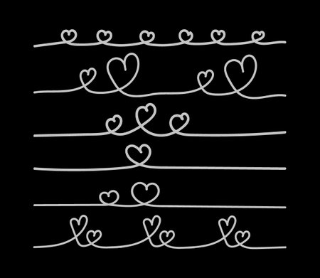 A set of lines with hearts drawn by hand. Smooth lines on black background. Hearts in different sizes. Horizontal scribble line. Vector illustration for border, frame.のイラスト素材