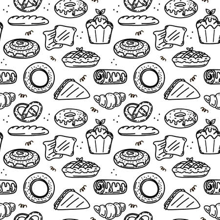 A seamless pattern of hand-drawn bakery items. Toast, pie, muffin, cupcake, donuts, sandwich, bagels, and snail buns. Doodle style vector.のイラスト素材