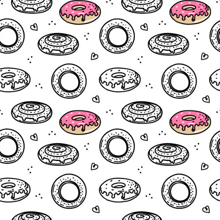 A seamless pattern of hand-drawn elements. Donuts, bagels, and snail buns. Doodle style vector.のイラスト素材