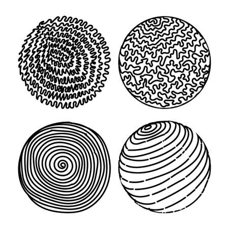 A set of circular abstract backgrounds or patterns. Hand-drawn doodles. Spots, blots, zigzags, smooth curves, lines. Modern quirky vector illustrations. Posters, badge templates for social networks.のイラスト素材