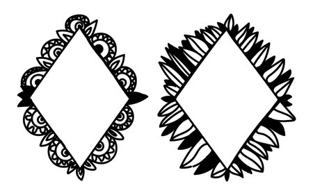 Frame Set. Rhombus frame, doodle borders for party, birthday decor design. Frames with different decors leaves, patterns and feathers. Isolated black flat vector illustrations.のイラスト素材