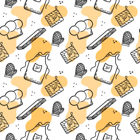 Seamless pattern of hand-drawn elements. Chef's tools and clothes: cap, oven mitts and food cutting board. Doodle style vector illustration.のイラスト素材