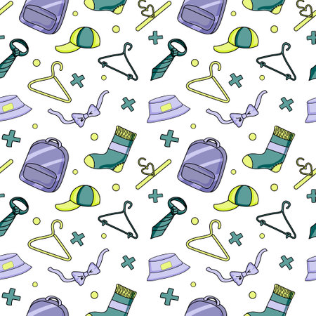 Vector illustration. Seamless pattern of clothing items and hangers. Backpack, bowtie, tie, panama and cap. Idea of exchanging supported clothing with each other.のイラスト素材