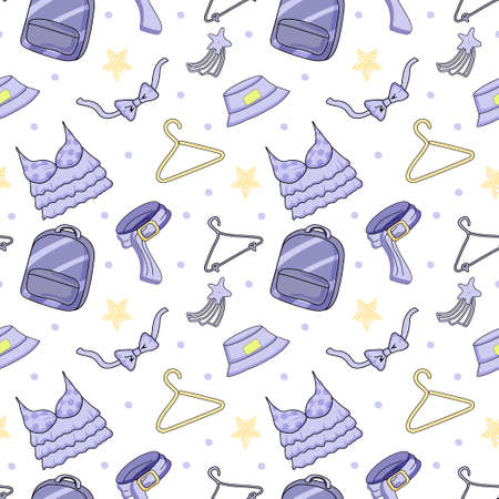 A seamless pattern of doodle elements on a white background. Items of clothing. Soft purple fashion palette. Backpack, bow tie, top, panama, wide belt and hangers. The idea of a second-hand clothing.のイラスト素材