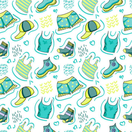 Seamless pattern of hand-drawn elements on white background. Clothes for charity. Sleeveless shirt, T-shirt, shorts, socks and sneakers. Second hand clothing idea.のイラスト素材