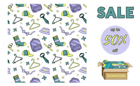 Used clothes donation flat vector illustration. Cheap and free garment. Second hand shop, flea market goods. Trousers, jackets hanging on rack. Men, women wear thrift store. Box with belongingsのイラスト素材