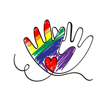 LGBT couple. Two palms with a heart drawn by hand. LGBT love concept. Hand in the shape of an LGBT flag. Doodle style vector illustration. Together. Freedom. Red heart.のイラスト素材