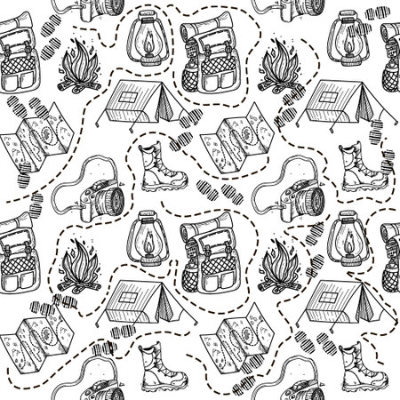 A seamless pattern of hand-drawn doodle-style elements. Illustration for local tourism. Camera belt, tent, shoes and backpack. Camping or hiking items vector image on white background.のイラスト素材