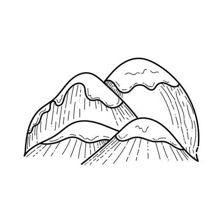 Mountain peaks hand-drawn elements in doodle style. Mountains with snowy peaks. Vector image of camping or hiking items on white background.のイラスト素材