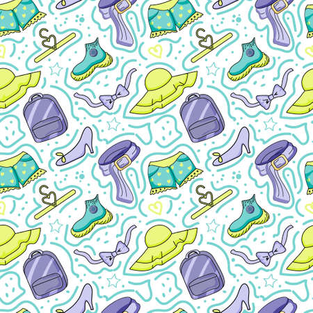 Seamless pattern of hand-drawn elements on white background. Clothes for charity. Backpack, hat,...