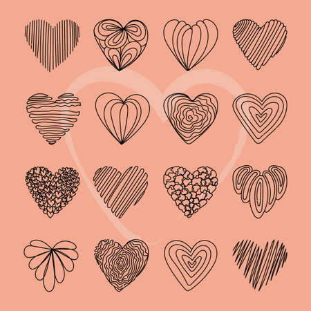 A set of abstract backgrounds or heart-shaped patterns. Hand-drawn doodles. Spots, blots, zigzags, smooth curves, lines. Modern quirky vector illustrations. Badge templates for social media.のイラスト素材