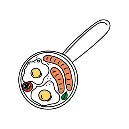 A hand-drawn doodle-style pan of food. Top view of eggs and sausages. Cooking food in a frying pan. Eggs. Morning.のイラスト素材
