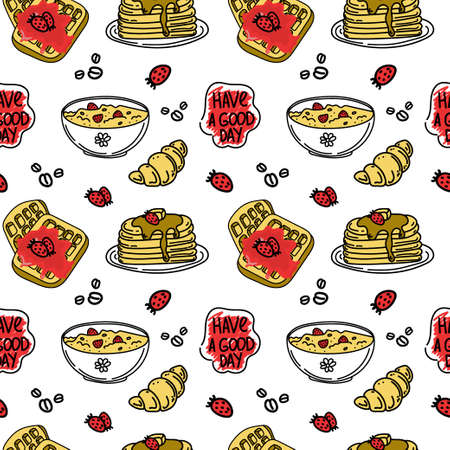 A seamless drawing of a morning meal. Hand drawn doodle style elements. Breakfast. Good Morning. Porridge with berries, croissant and waffles.のイラスト素材