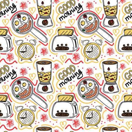 Seamless pattern, hand-drawn techniques in doodle style. Toaster, blender, frying pan, and hand-drawn lettering. breakfast. Good Morning. Healthy Eating.のイラスト素材