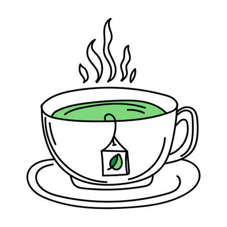 A hand-drawn cup of green tea in doodle style. A hot beverage. Time to get up. breakfast. Morning.のイラスト素材