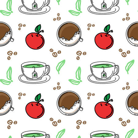 A seamless drawing of hot breakfast drinks. Hand drawn doodle style elements. breakfast. Good Morning. Coffee and green tea.のイラスト素材