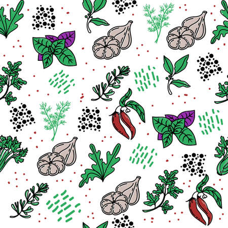 Seamless pattern of herbs, drawn element in doodle style. Culinary, Kitchen. Herbs and spices - parsley, asparagus, rosemary and bay leaf. Pattern in a trendy linear style.のイラスト素材