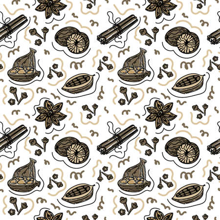 Seamless spice pattern, drawn element in doodle style. Christmas. Spices for mulled wine. herbs and spices. Linear style pattern and warm chocolate palette.のイラスト素材