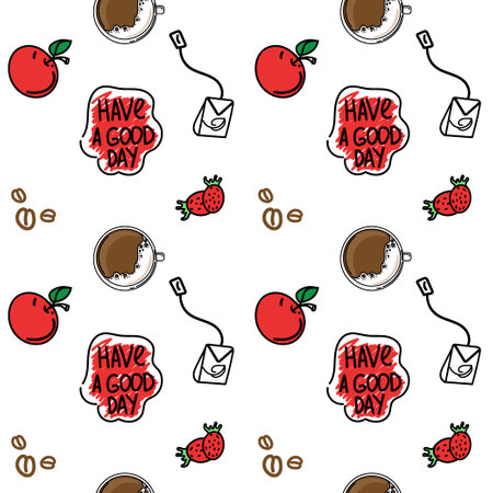 A seamless drawing of hot breakfast drinks. Hand drawn doodle style elements. breakfast. Good Morning. Coffee, green tea, apple and strawberries. simple vector in doodle styleのイラスト素材