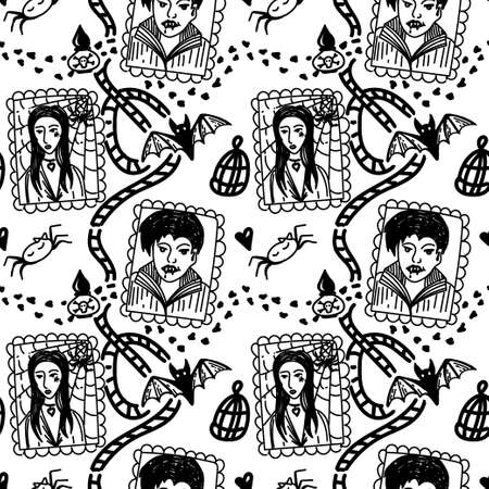 Seamless background of Halloween elements drawn in doodle style. Portraits of vampires, poisonous potions, bats and spiders. Halloween holiday background.のイラスト素材