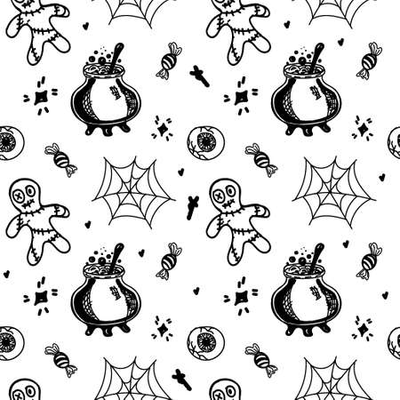 Seamless background with Halloween elements drawn in a doodle style. Poison potions, spider webs, spiders and voodoo dolls. Monogamous Halloween background.のイラスト素材
