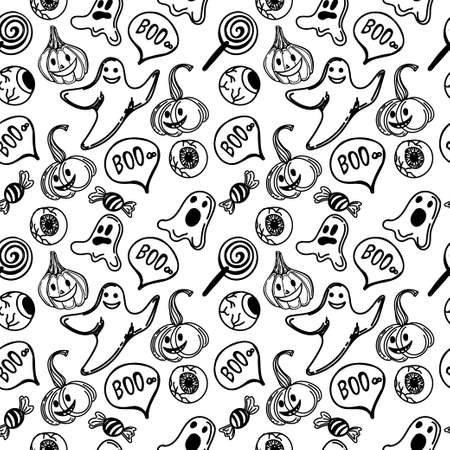 Seamless background with Halloween elements drawn in doodle style. Cute pumpkins, funny ghosts and candy. Monogamous Halloween backgroundのイラスト素材