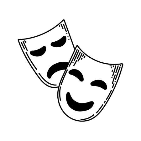 Actor's face masks, hand-drawn in doodle style. Contour icon of a theatrical mask. Emotion of joy and sadness. Isolated line drawing element. vector illustrationのイラスト素材
