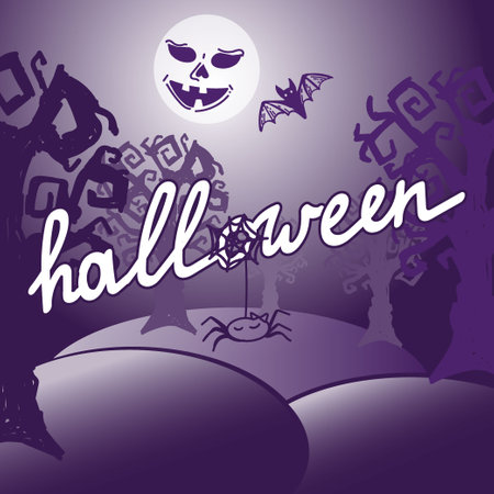 Halloween card template, drawn in a doodle style. Gloomy trees and a moon with a smile. Handwritten lettering and a spider with a spider web. Monogamous Halloween backgroundのイラスト素材