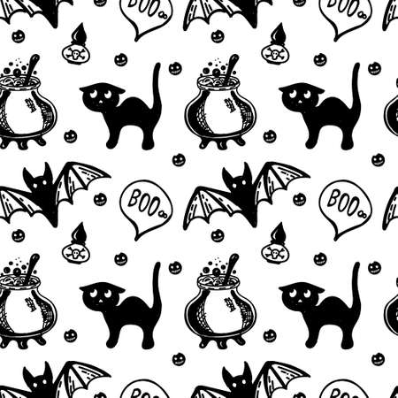 Seamless background with Halloween elements drawn in doodle style. Cute black cats, bats, and potion cauldrons. Monogamous Halloween backgroundのイラスト素材