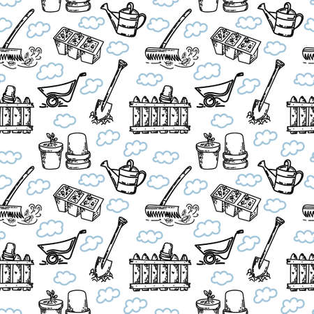 Seamless background with garden tools, hand-drawn doodle-style elements. Shovel, rake, wheelbarrow and fence. Young sprouts out of the ground. Spring. Background on the theme of work in the gardenのイラスト素材