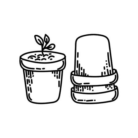 Flower pots, hand-drawn doodle-style element. Pots with sprouts. planting plants. Sprouting.のイラスト素材