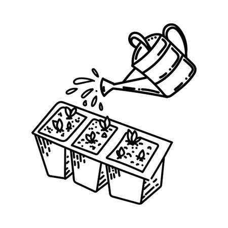 Watering sprouts, hand-drawn doodle-style element. Small sprouts in a container. planting. Care for young plants. hobby. Simple vector in linear style for logos, icons and emblems - tools for gardenin.のイラスト素材
