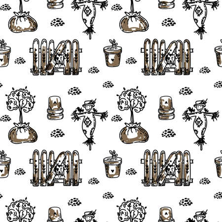 A seamless drawing with a fence, a scarecrow, and a tree in a bag. Hand drawn doodle style elements. Cute fence with a dog's head. wooden fence. Suitable for textiles, wallpaper and packagingのイラスト素材