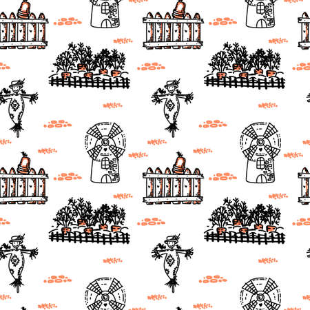 A seamless drawing with a windmill, carrot beds, and a scarecrow. Hand drawn doodle style elements. Cute windmill with a heart. Suitable for textiles, wallpaper and packagingのイラスト素材