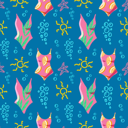 Seamless swimsuit pattern, hand drawn in cartoon style. Pink bathing suits with orange print on white background. Girls, women. Sun and starfish elements in doodle style. summer funのイラスト素材
