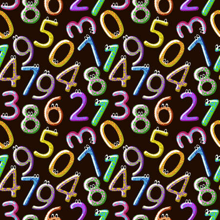 Seamless pattern of numbers, hand-drawn elements in cartoon style. Bright numbers with different fun prints School. kids. learning. Cute numbers with eyesのイラスト素材