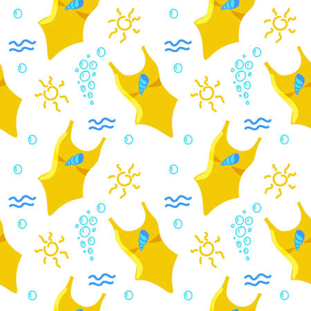 Seamless swimsuit pattern, hand-drawn in cartoon style. Bright yellow swimwear with seashell print on white background. Girls, women. Sun, waves and bubbles in doodle style. summer funのイラスト素材