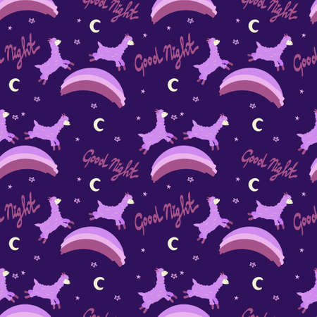 Seamless pattern with sheep, drawn element in cartoon style. Animals jumping on the rainbow. The lettering is handwritten. Stars, sheep and rainbow.のイラスト素材