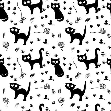 Seamless pattern with black cats, drawn elements in doodle style on a light background. Vector is made in a flat style. Black cats in different poses with traces and a ball of thread.のイラスト素材